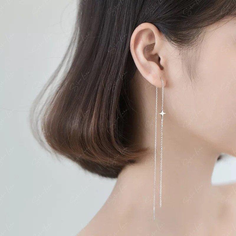 Long Drop Star Ear Threader Earrings