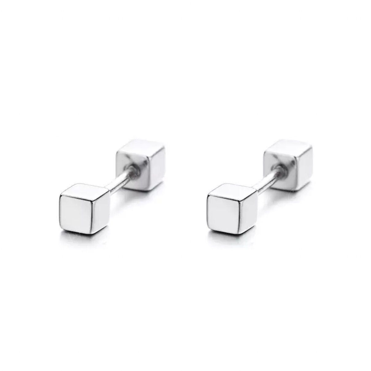 Square Block Screw Earrings Silver