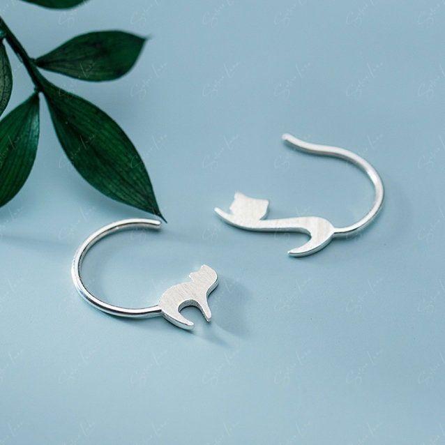 Cute Hanging Cat Stud Animal Silver Earrings