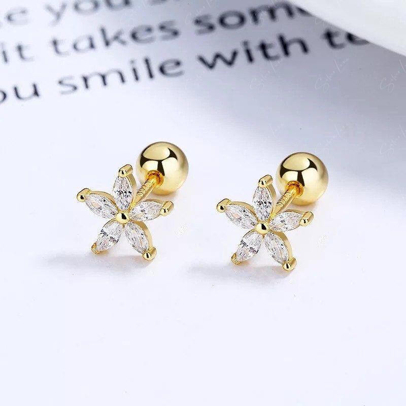 Flower Screw Ball Stud Earrings Gold