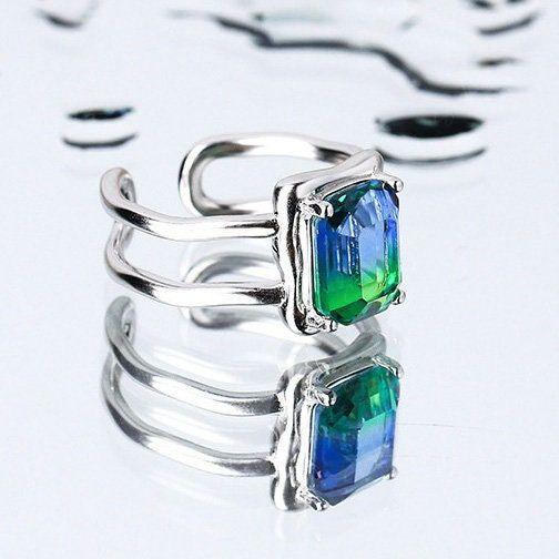 Blue Square Crystal Stone Dripping Droplet Silver Jewelry Set Ring