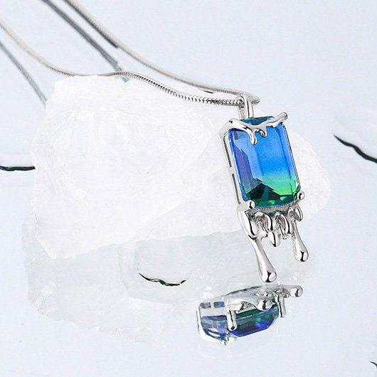 Blue Square Crystal Stone Dripping Droplet Silver Jewelry Set Necklace