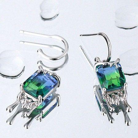 Blue Square Crystal Stone Dripping Droplet Silver Jewelry Set Earrings