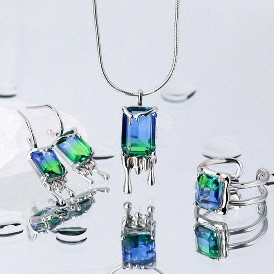 Blue Square Crystal Stone Dripping Droplet Silver Jewelry Set