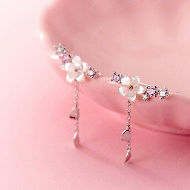 Cherry Blossom Flower Dangle Drop Ear Climber Earrings