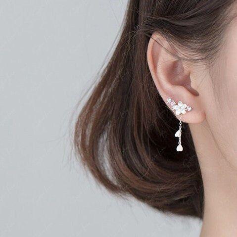 Cherry Blossom Flower Dangle Drop Ear Climber Earrings