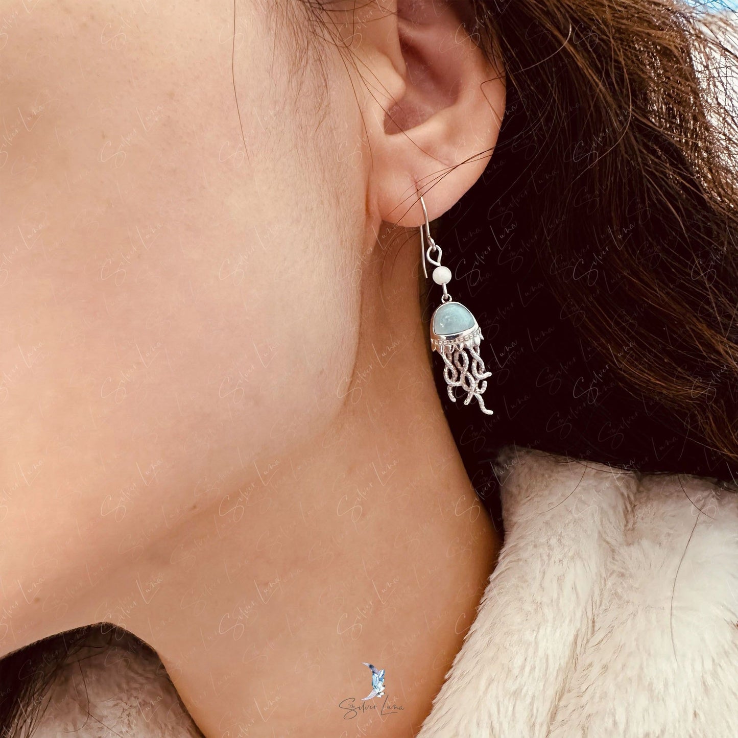 Jellyfish calming Larimar sterling silver earrings