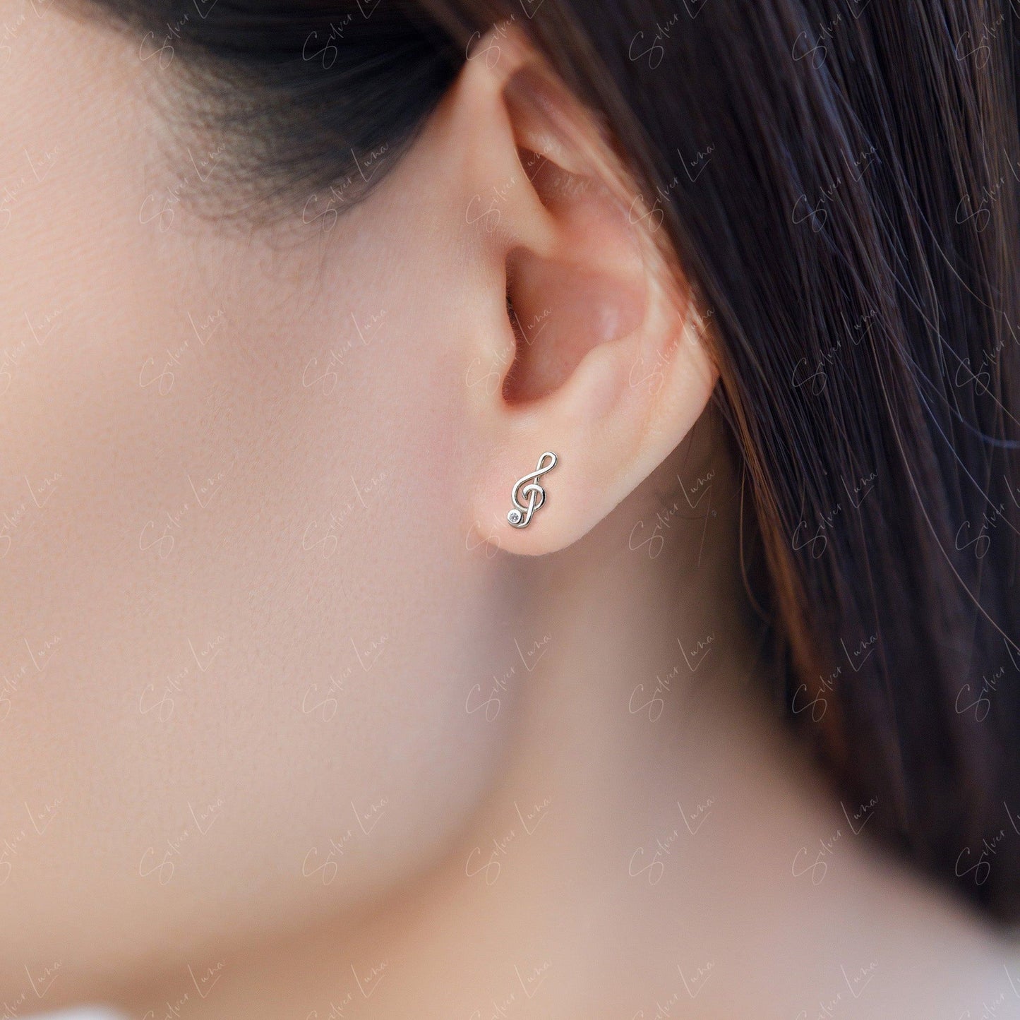 music note silver stud earrings