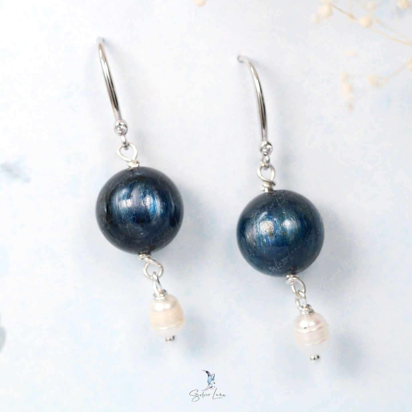 Blue kyanite pearl beaded earrings