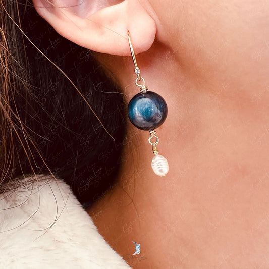 Kyanite pearl beaded silver earrings