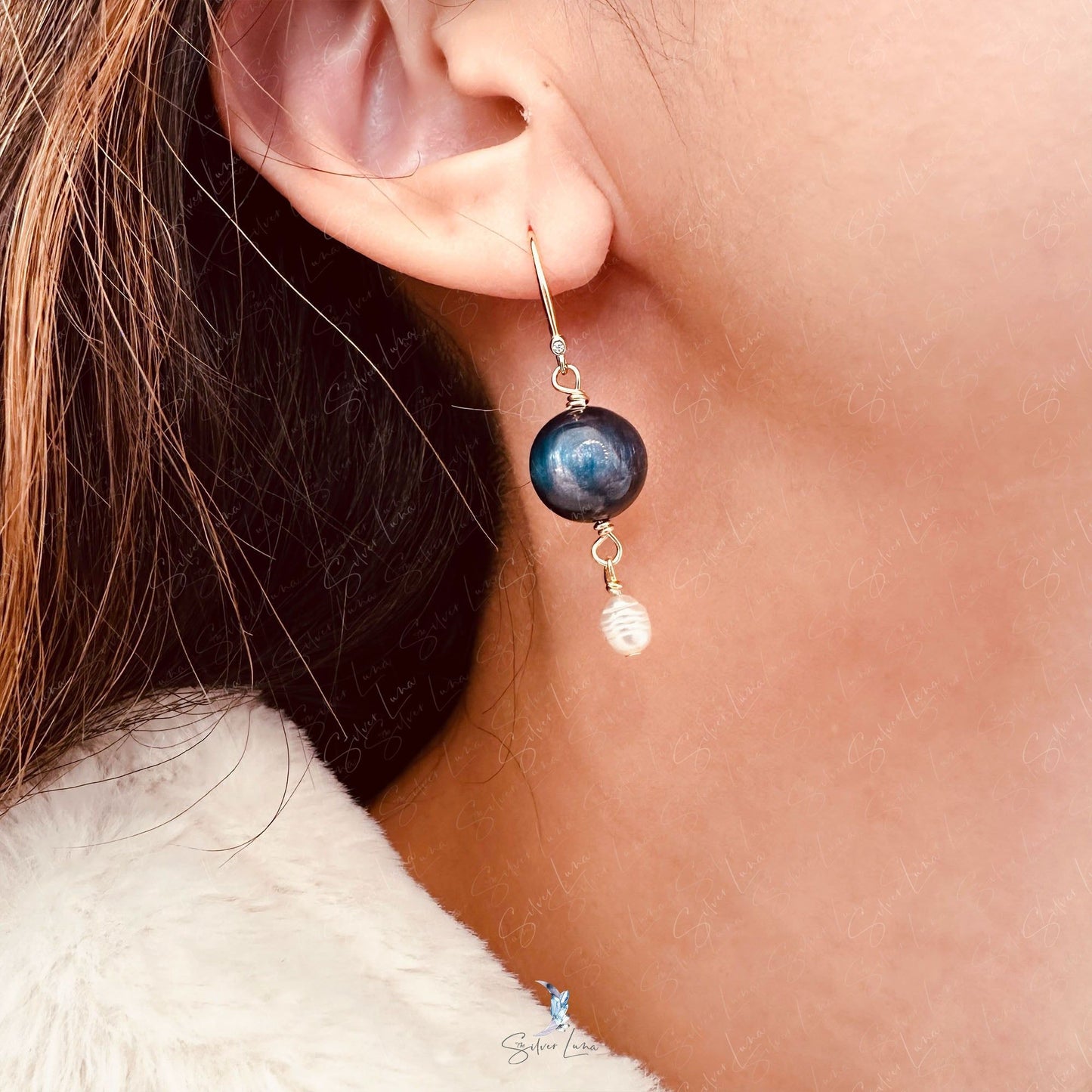 Kyanite bead and pearl drop sterling silver earrings