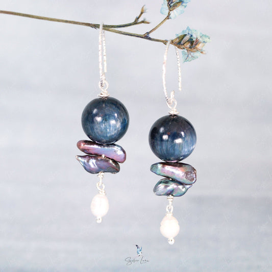 Kyanite freshwater pearl drop earrings