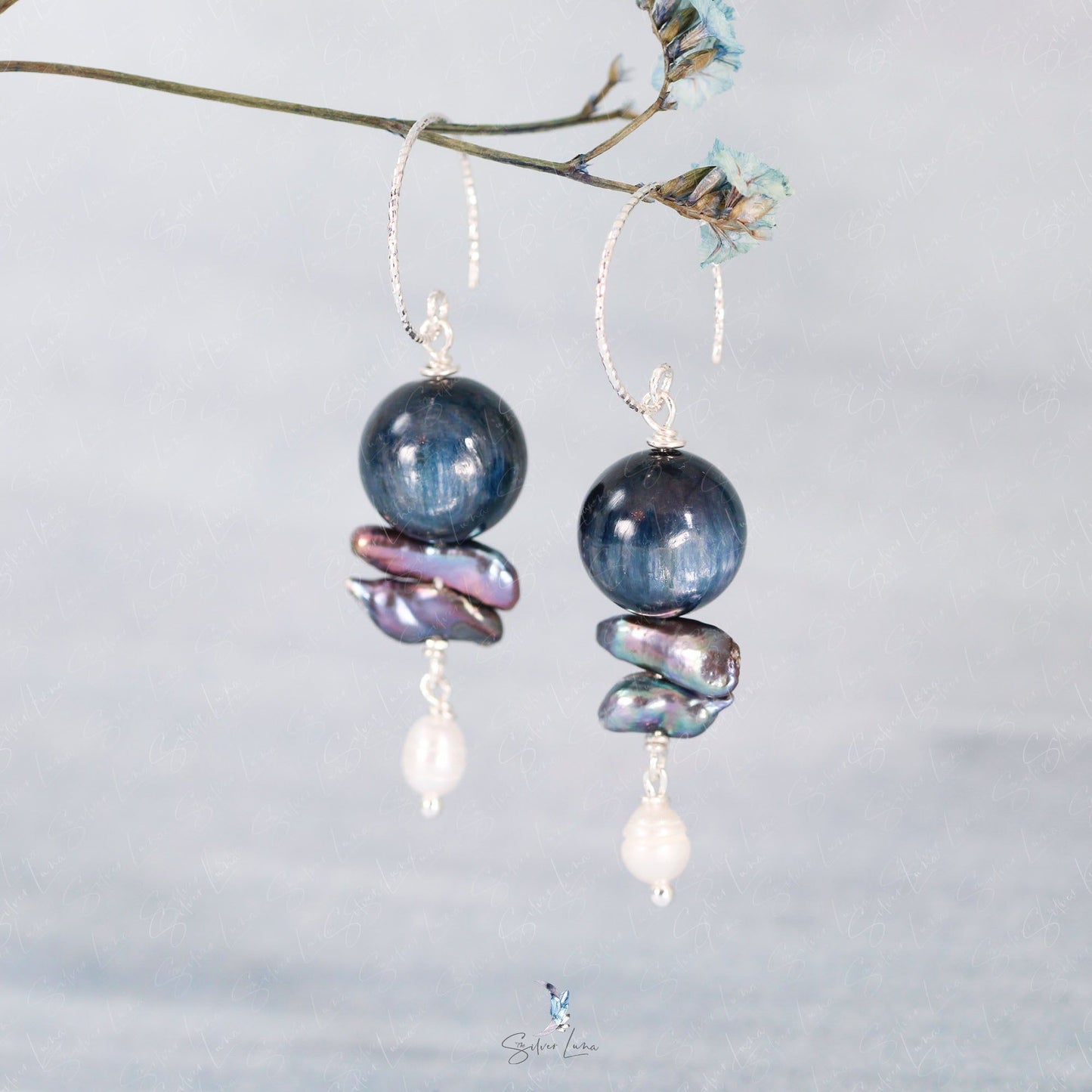 Kyanite bead freshwater pearls drop sterling silver earrings