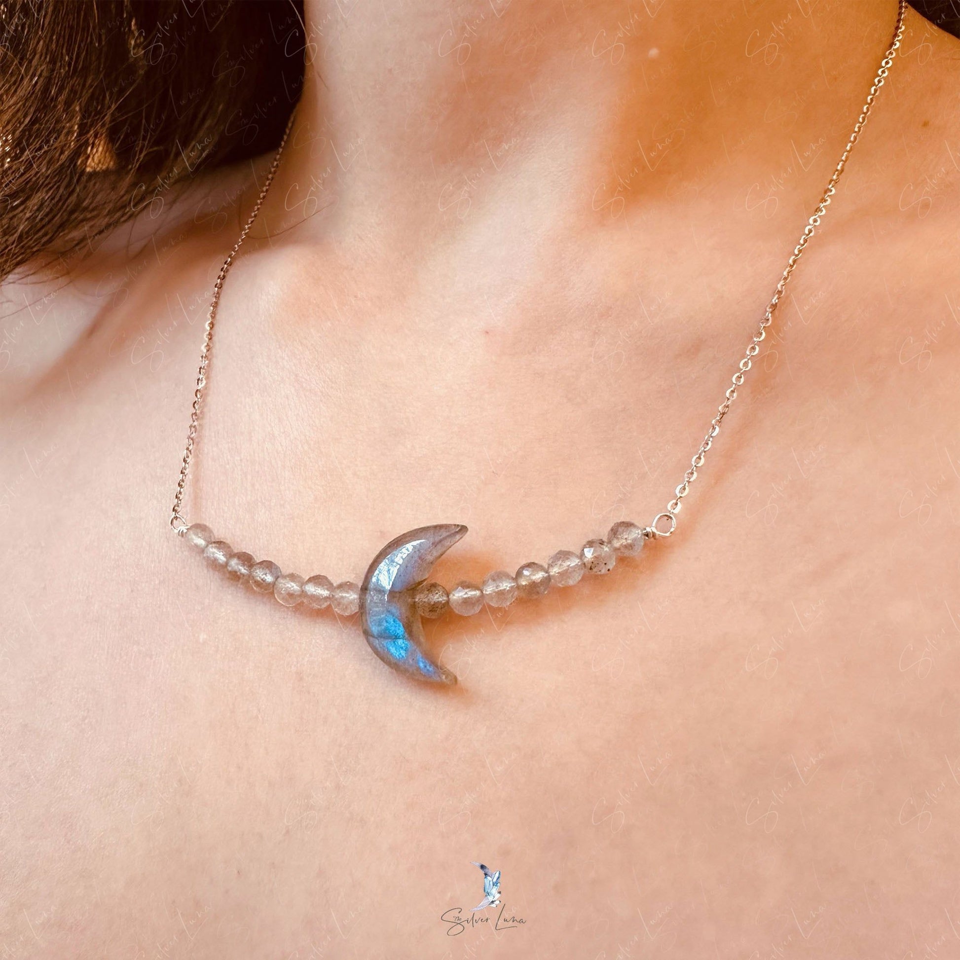 crescent moon labradorite gemstone row pendant necklace