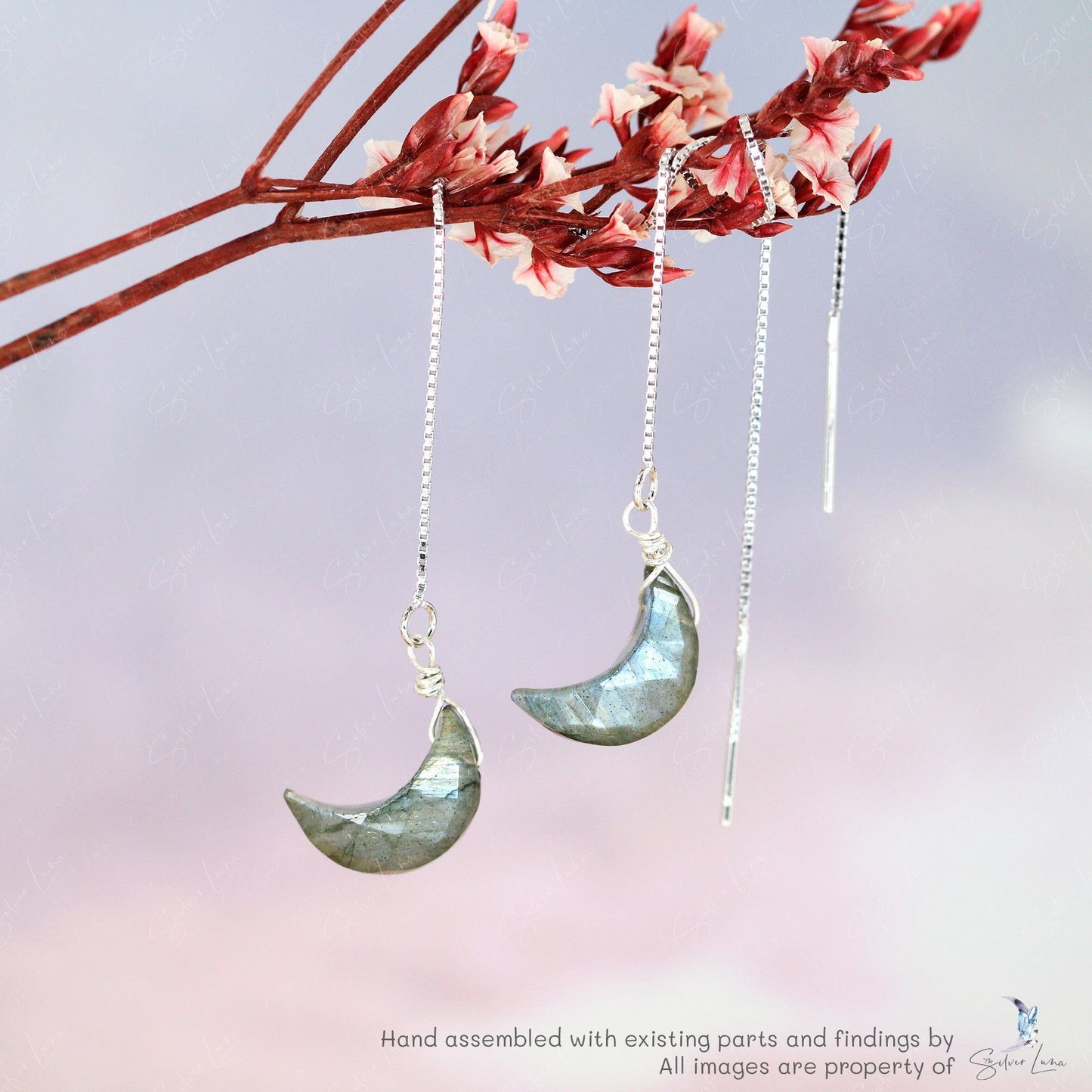 moon labradorite ear threader earrings