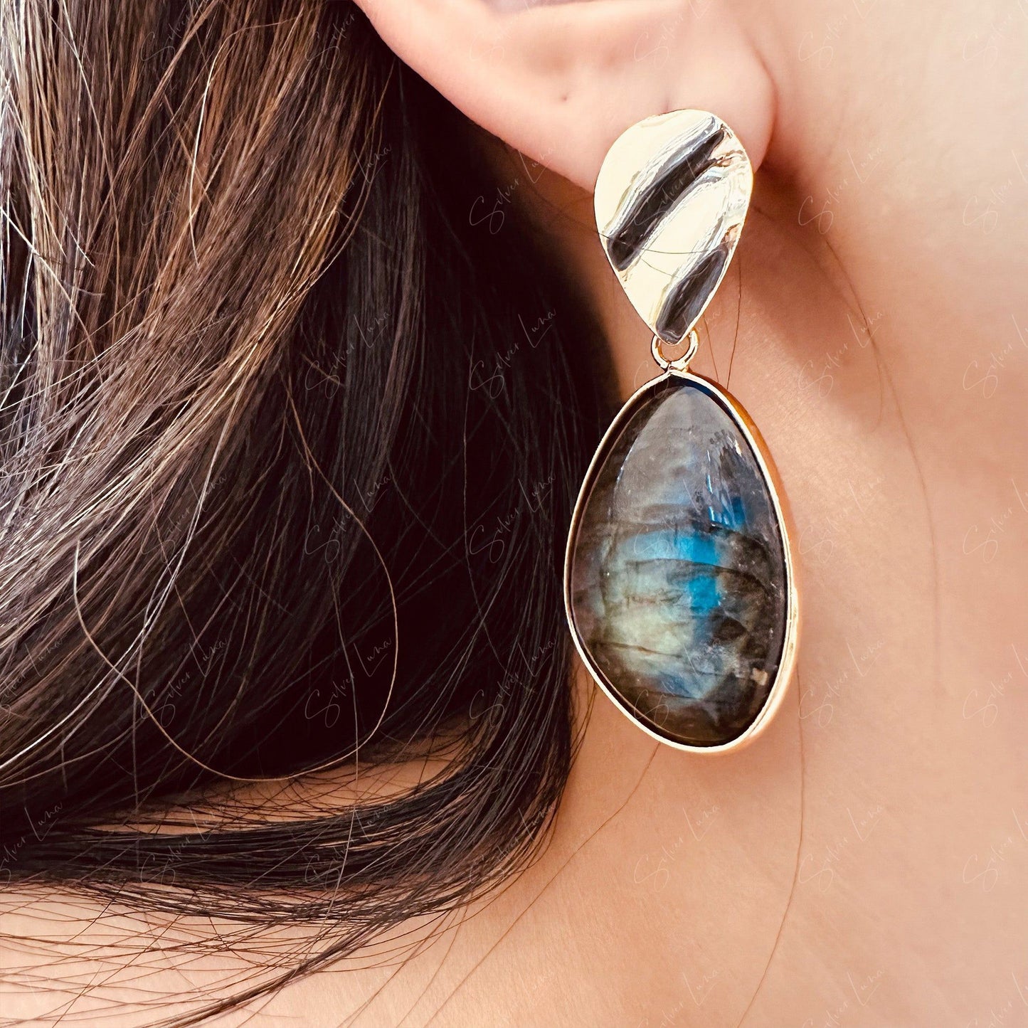 Teardrop Labradorite statement dangle drop earrings