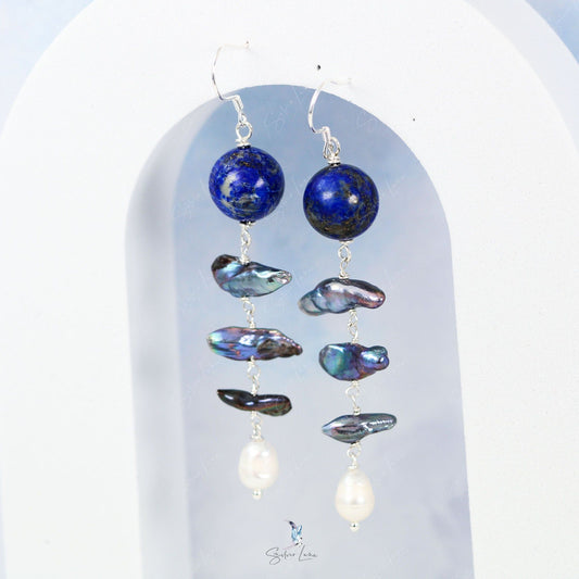 lapis lazuli bead blue pearls dangle drop earrings