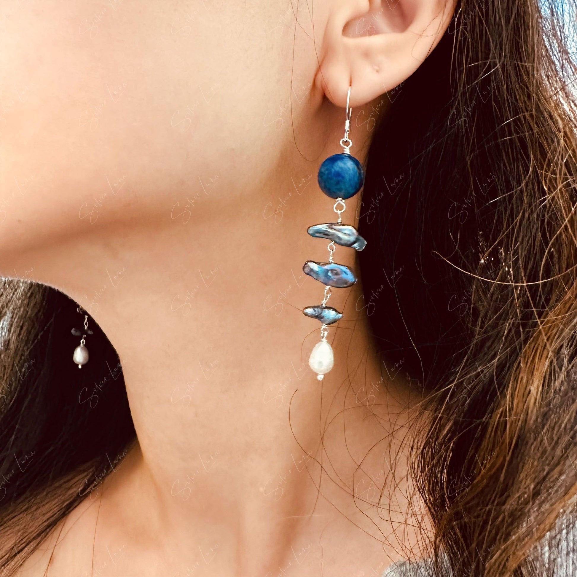 lapis fresh water pearl beaded earrings