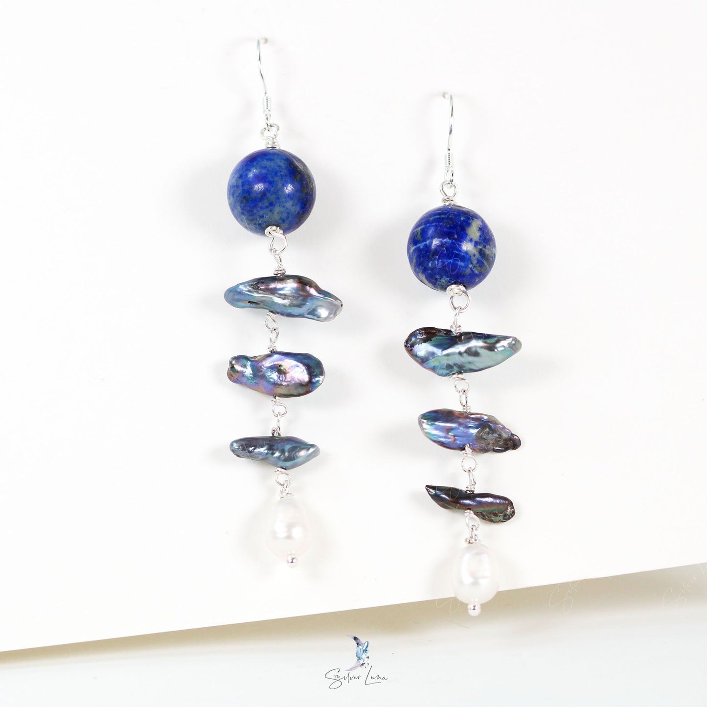 Lapis Lazuli bead freshwater pearls dangle drop earrings