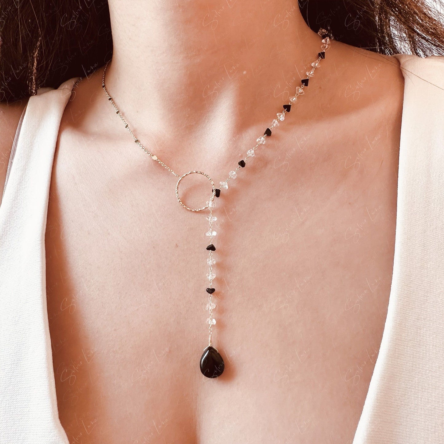 Teardrop black agate asymmetric bead chain Lariat necklace