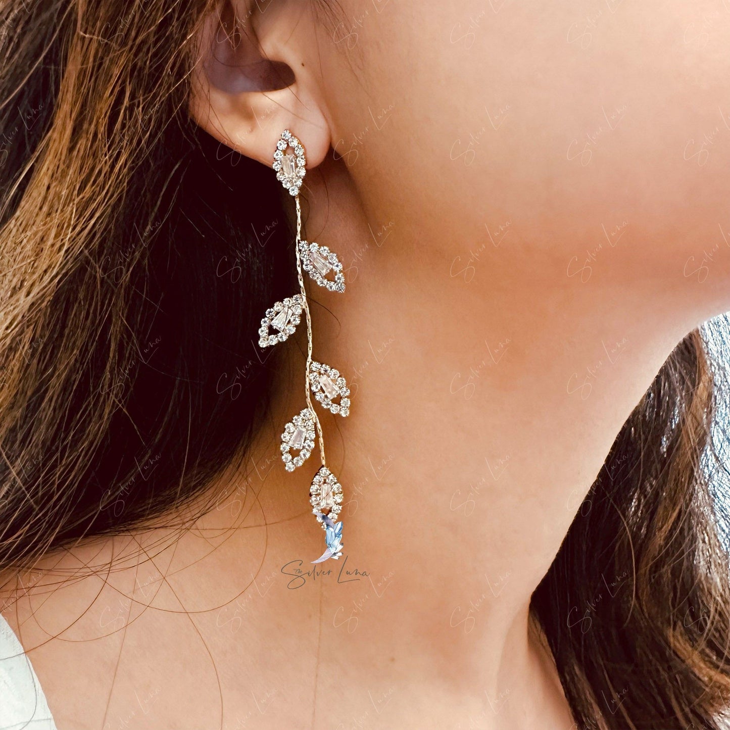 Crystal rhinestone leaves dangle drop earrings