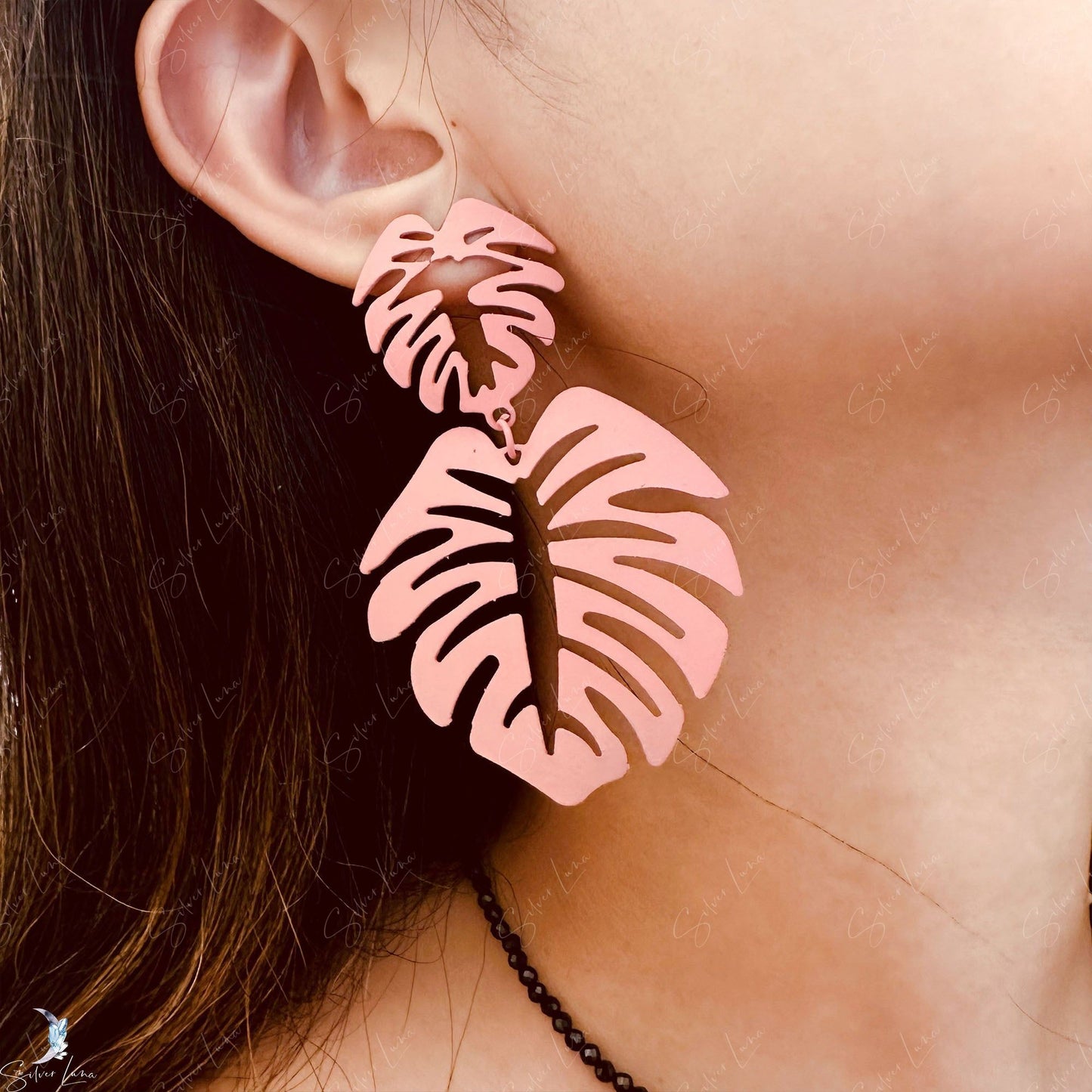 Monstera leaves metal statement dangle drop earrings