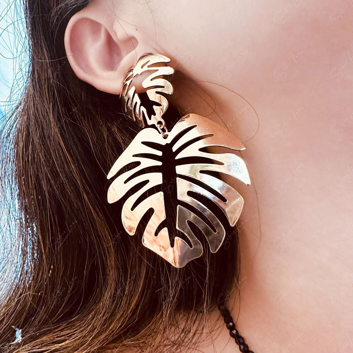 Monstera leaves metal statement dangle drop earrings