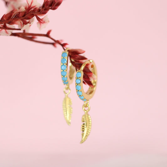 Gold plated blue cubic zirconias leaf hoop earrings