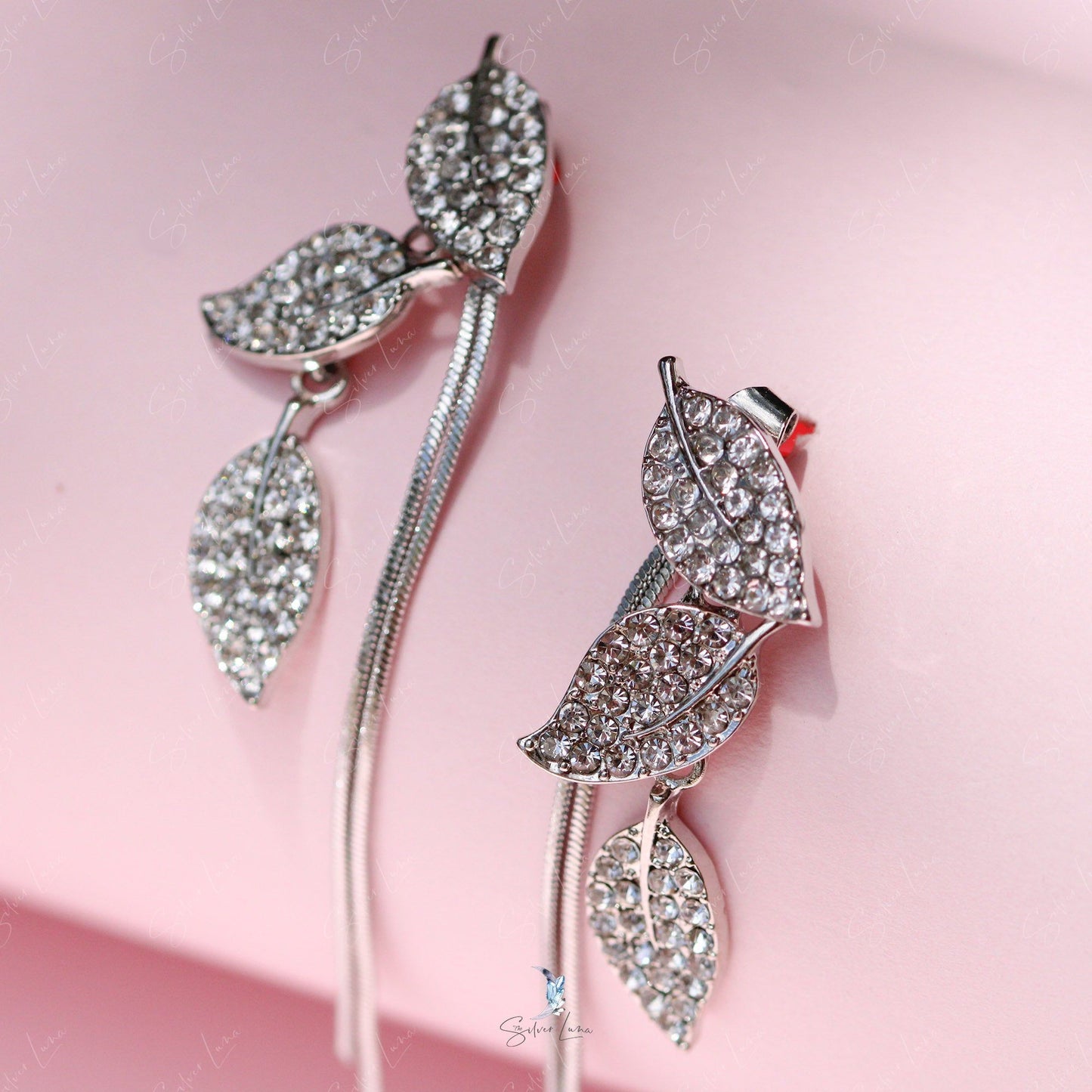 Rhinestone leaves tassel dangle drop earrings