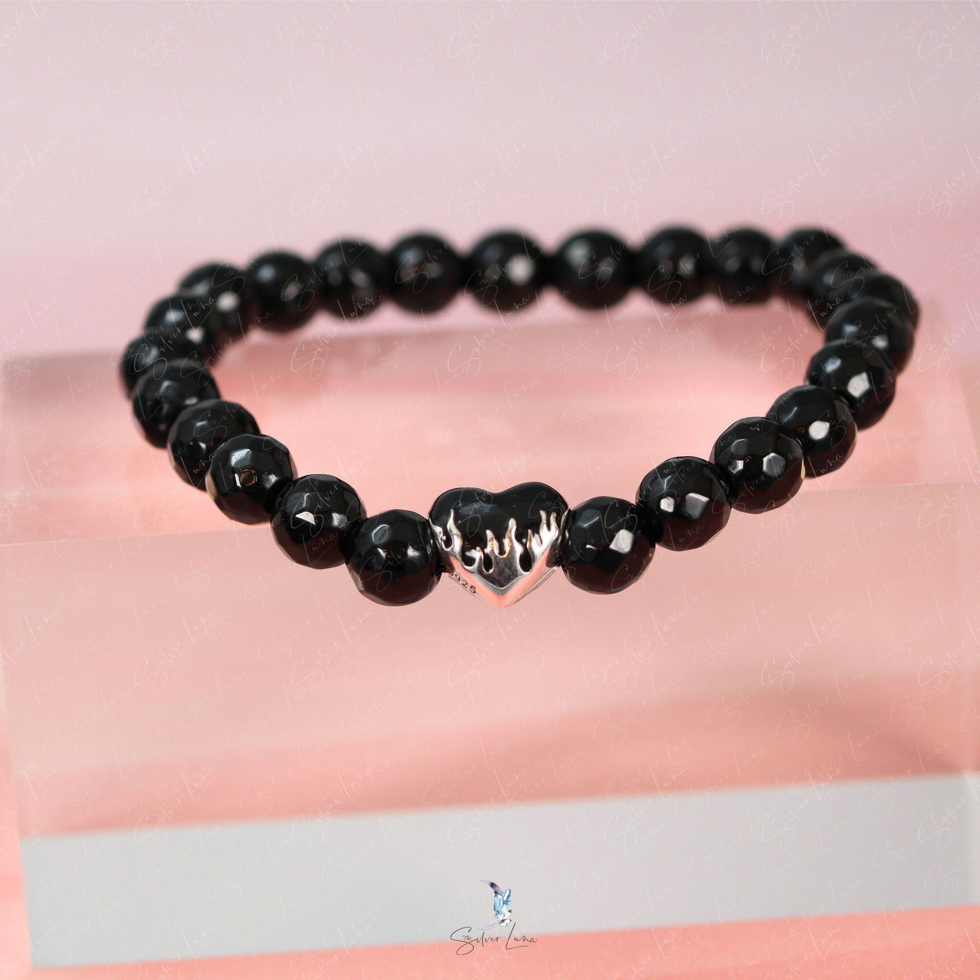 black agate melting heart beaded bracelet