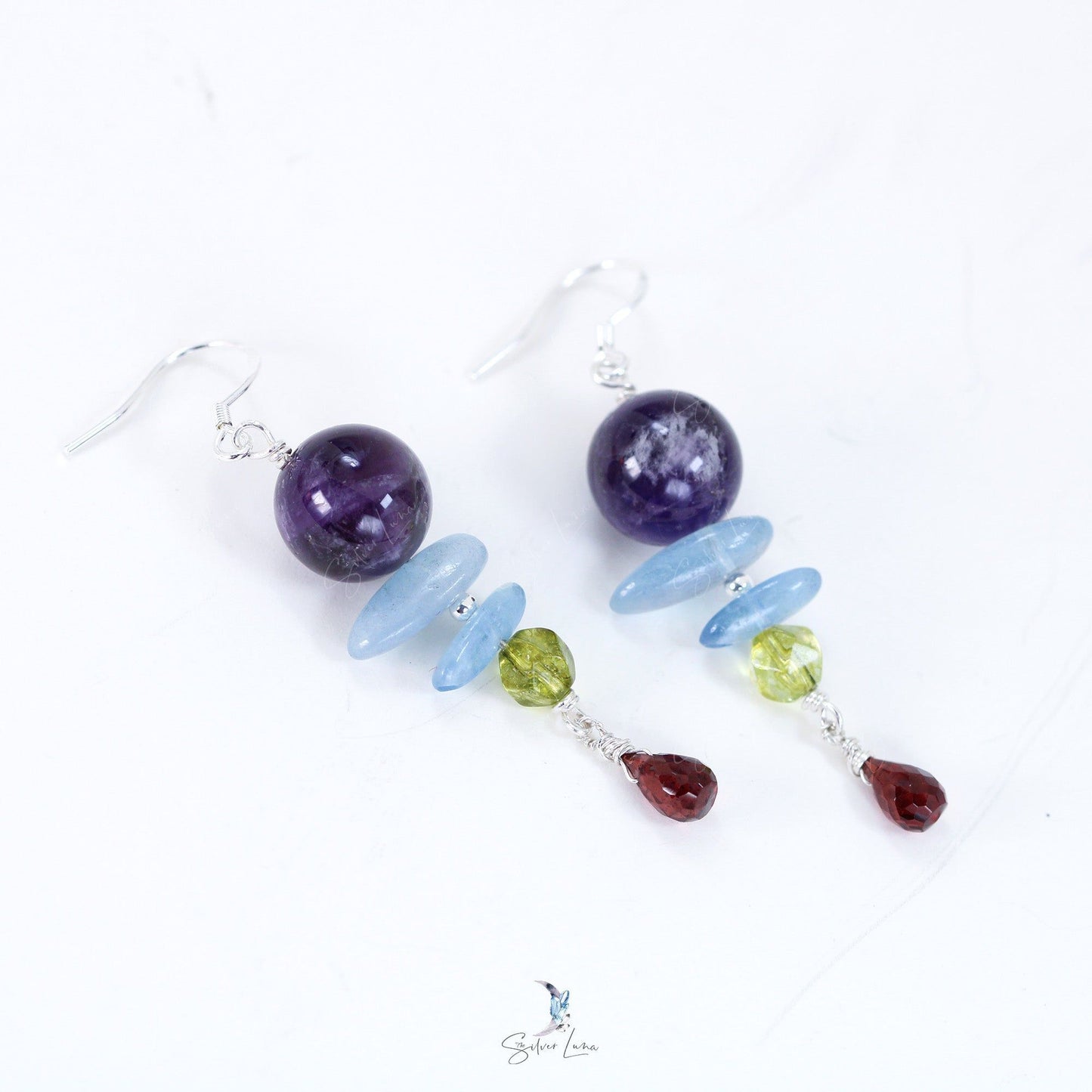 amethyst multi gemstone silver drop earrings