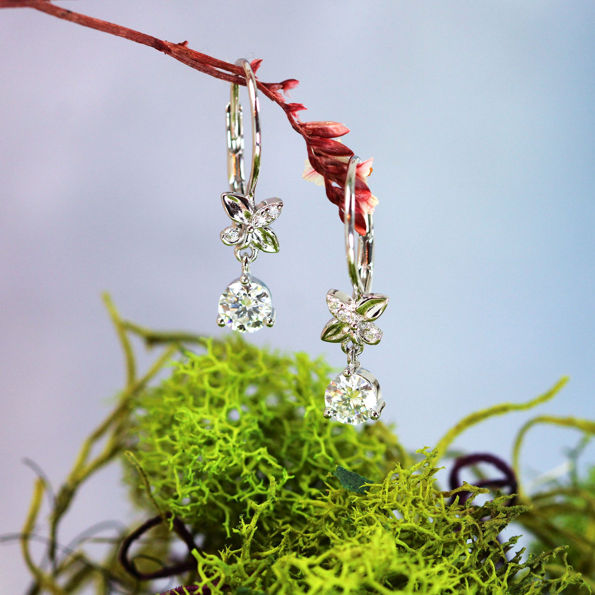 Moissanite butterfly dangle drop earrings