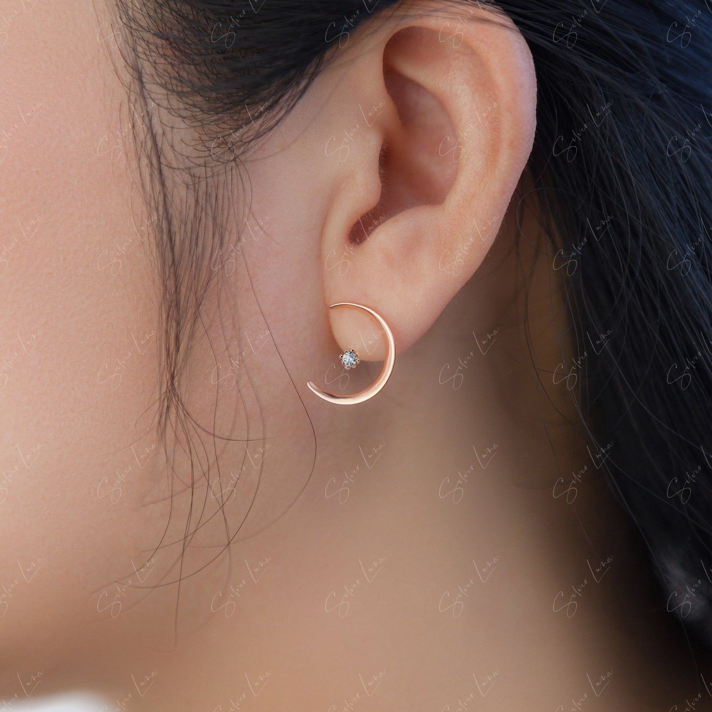 Moon And Star Stud Earrings With Ear Jacket