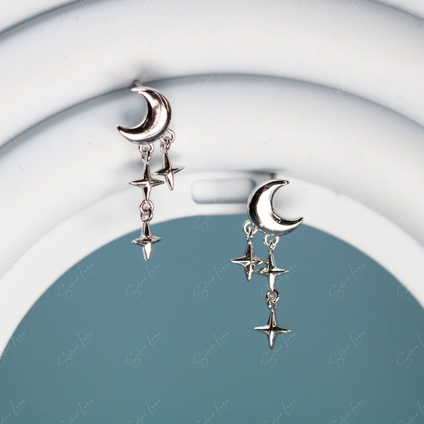 moon and star drop stud earrings