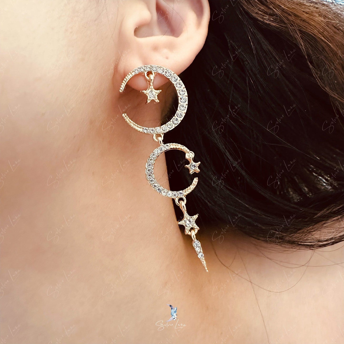 Moon and star dangle drop fashion earrings
