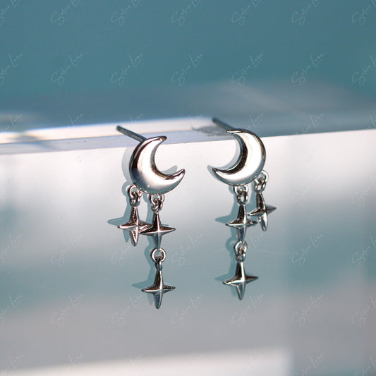 moon and star drop silver stud earrings