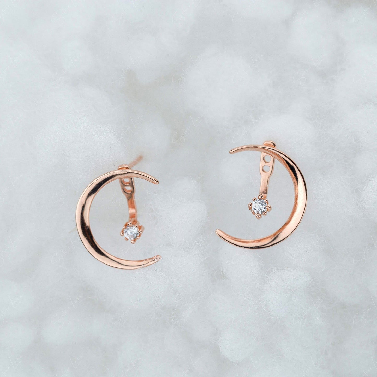 Moon And Star Stud Earrings With Ear Jacket Rose Gold