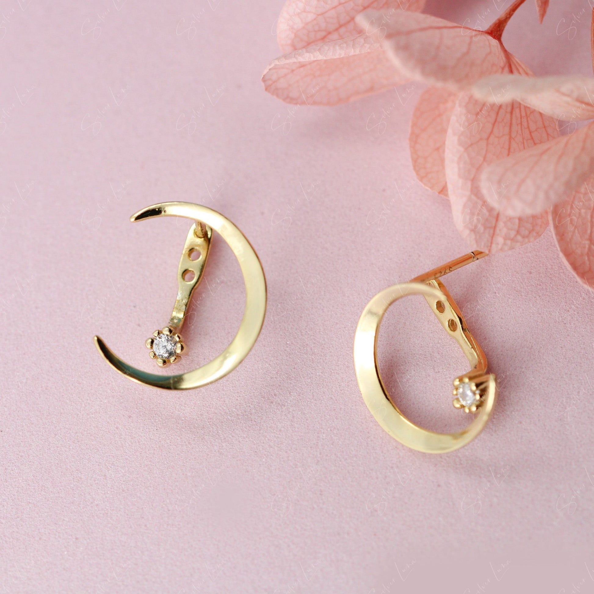 Moon And Star Stud Earrings With Ear Jacket Gold