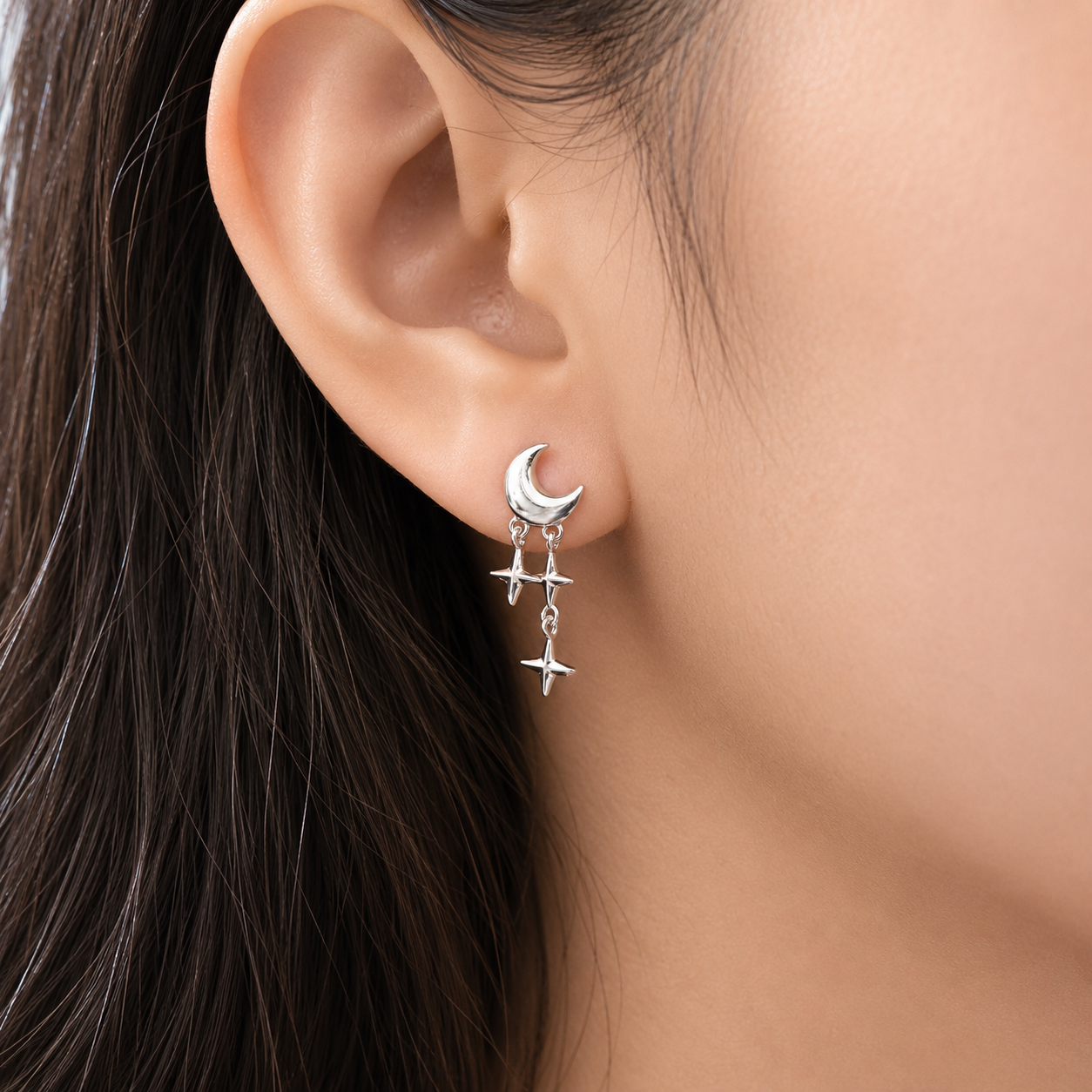 moon and stars drop silver earrings
