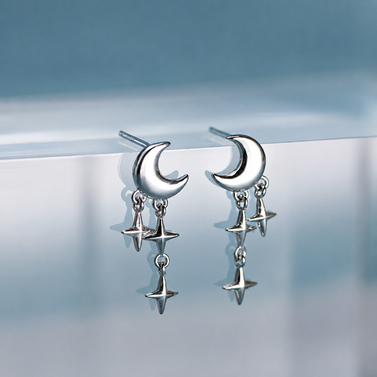 moon with stars drop silver earrings