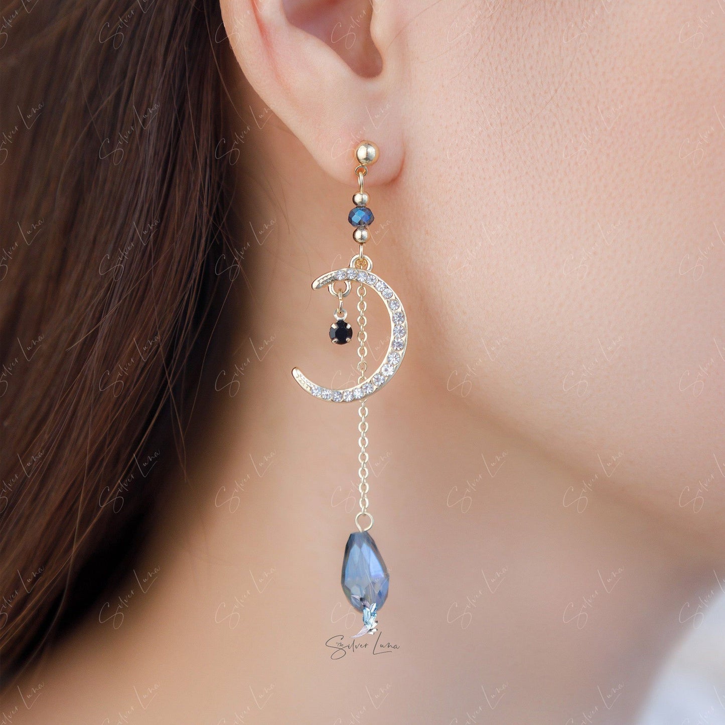 Long shiny crystal moon dangle drop earrings