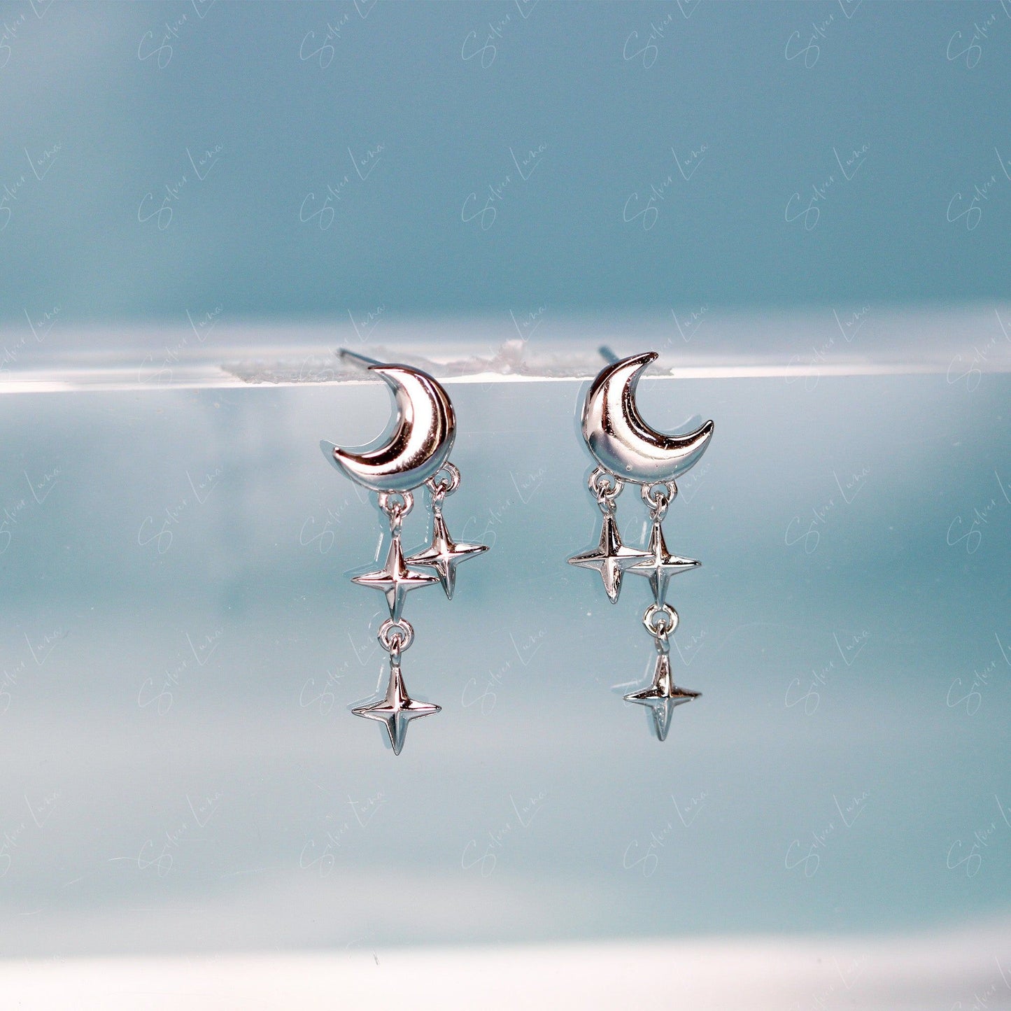 moon and star drop stud earrings
