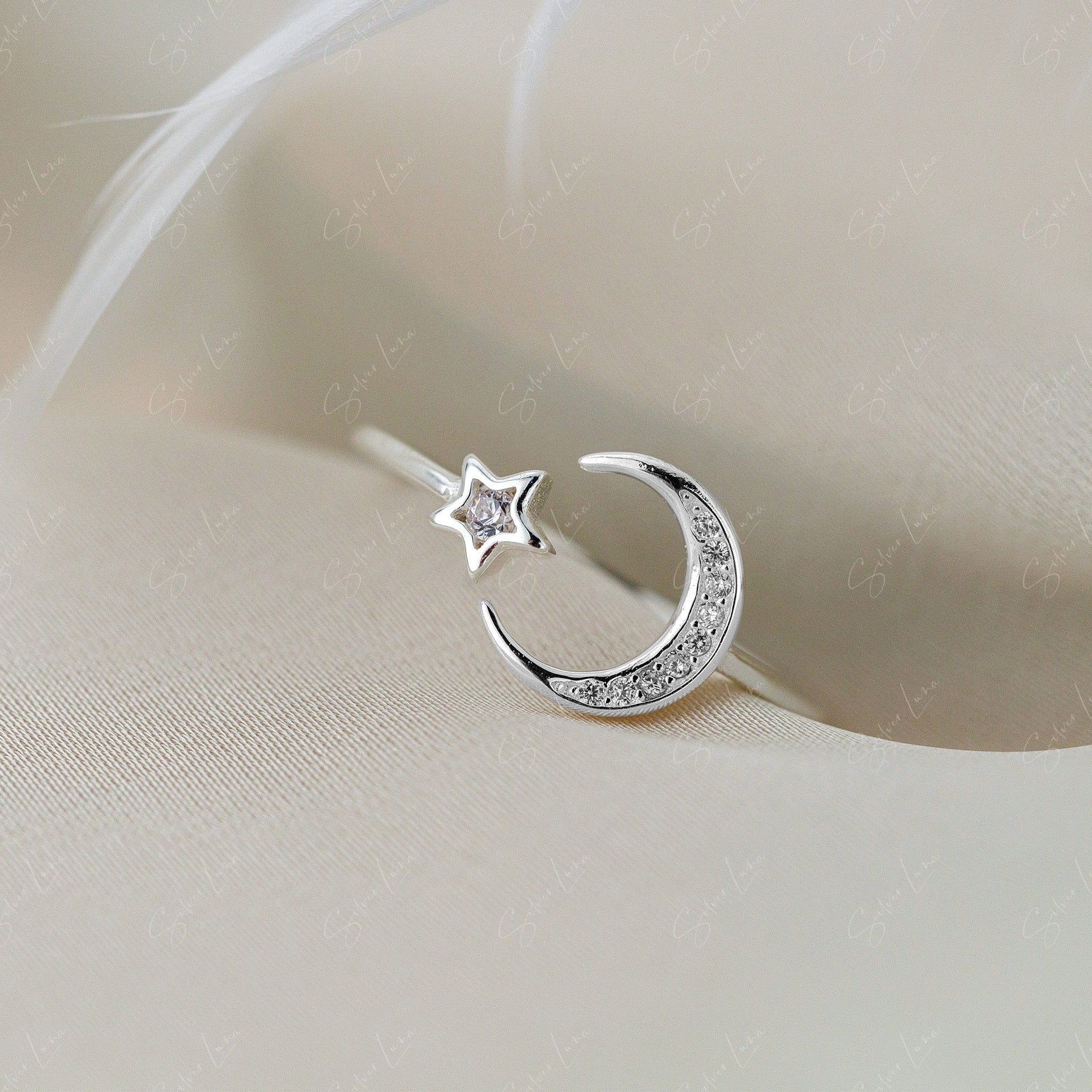 Crescent Moon And Star Adjustable Ring