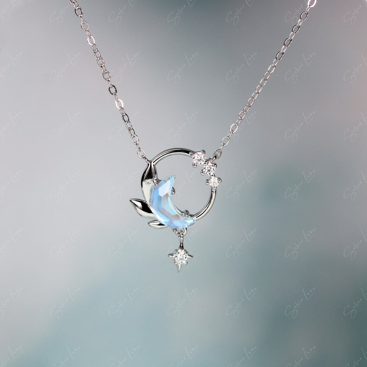 925 Sterling Silver Blue Crystal Crescent Moon Pendant Necklace ...