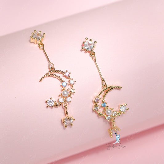 Rhinestone crescent moon dangle drop earrings