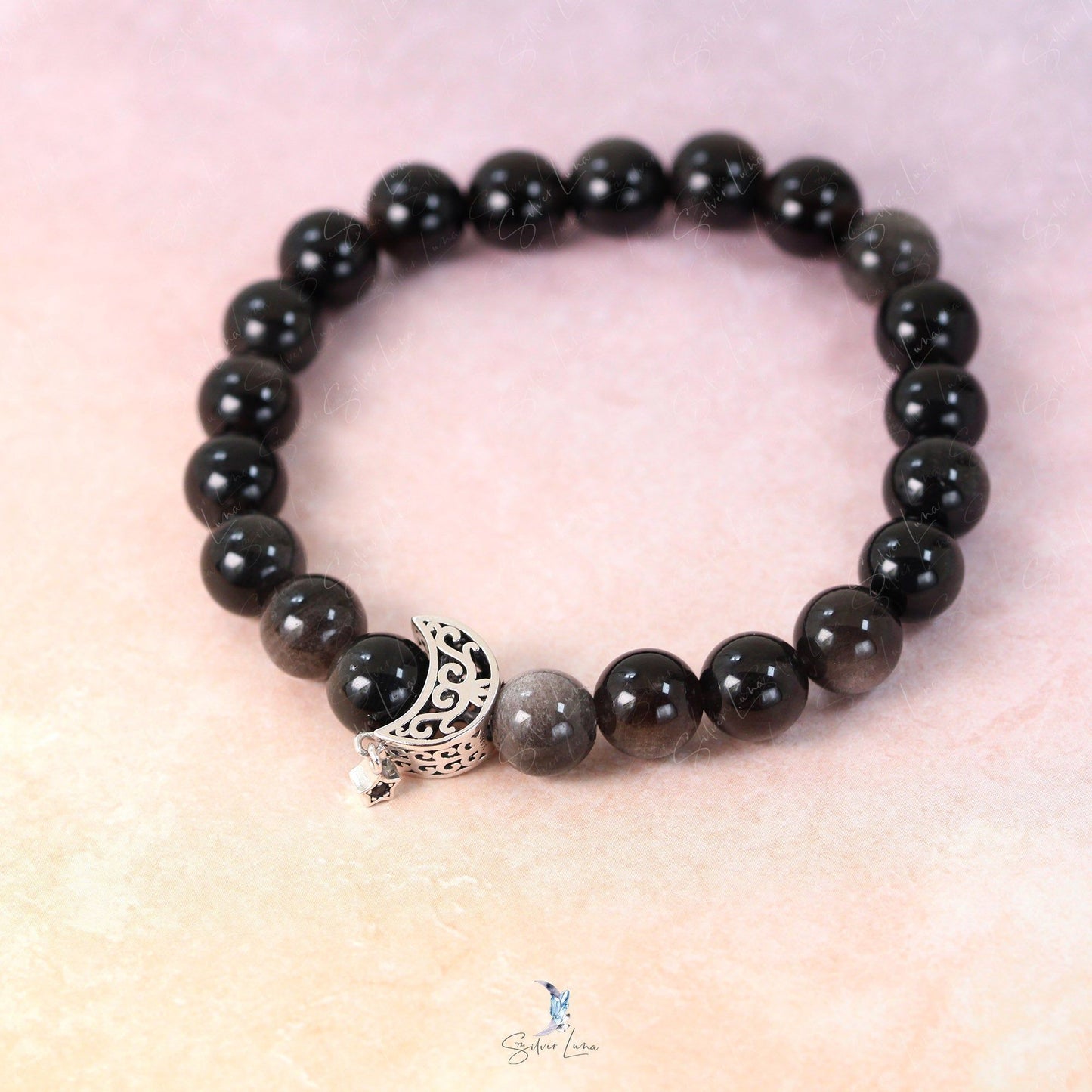 moon charm obsidian beaded bracelet