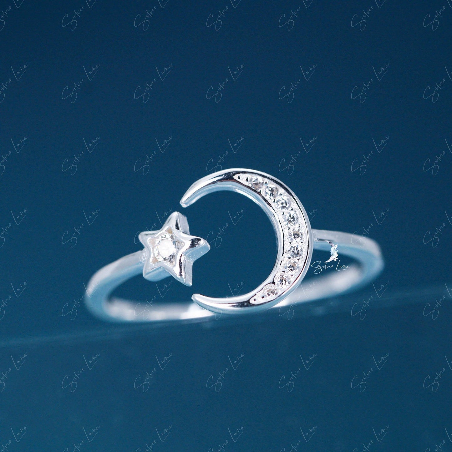 Crescent moon and star adjustable ring