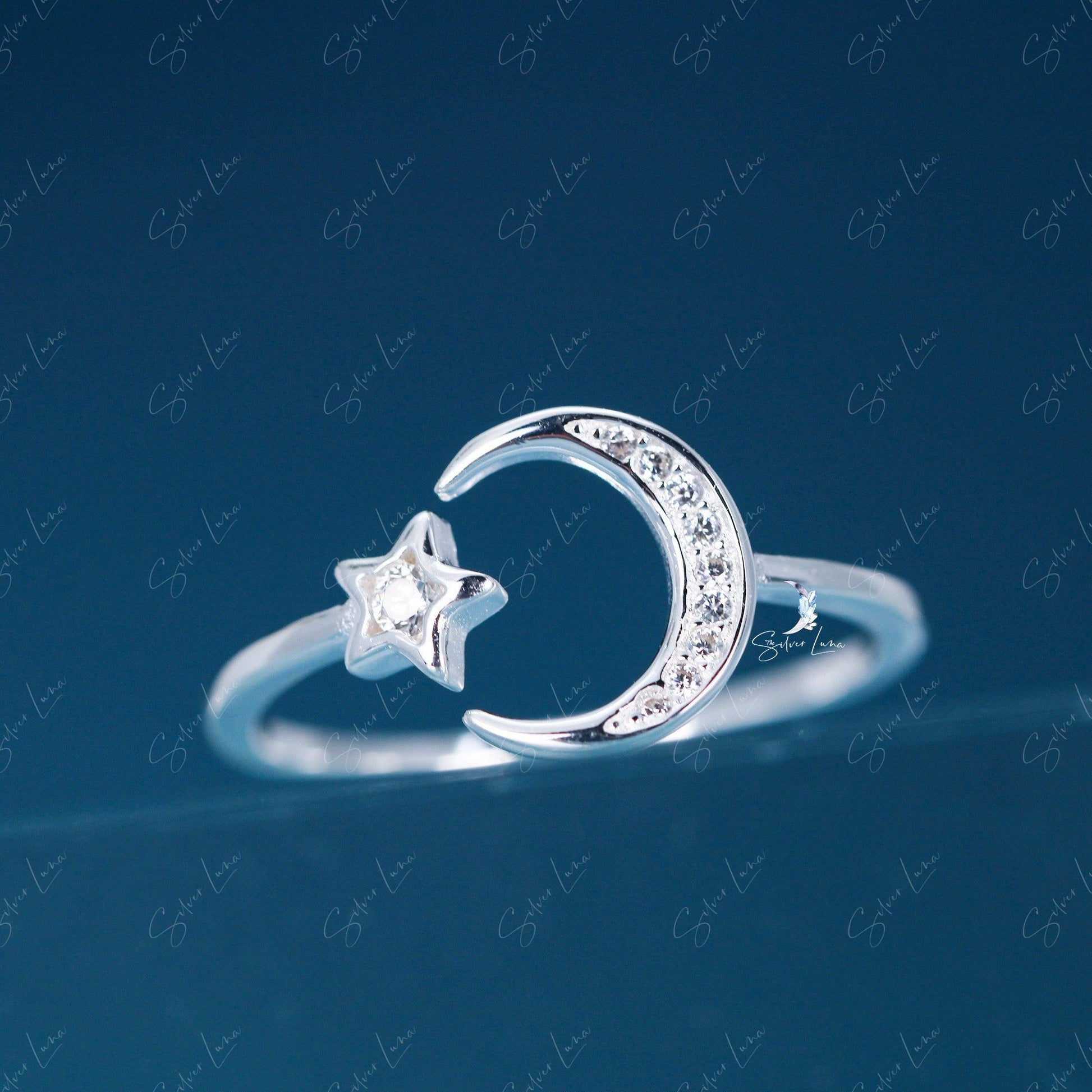 Crescent Moon And Star Adjustable Ring