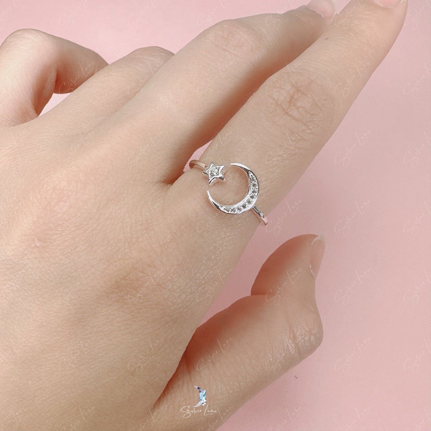 Crescent moon and star adjustable ring