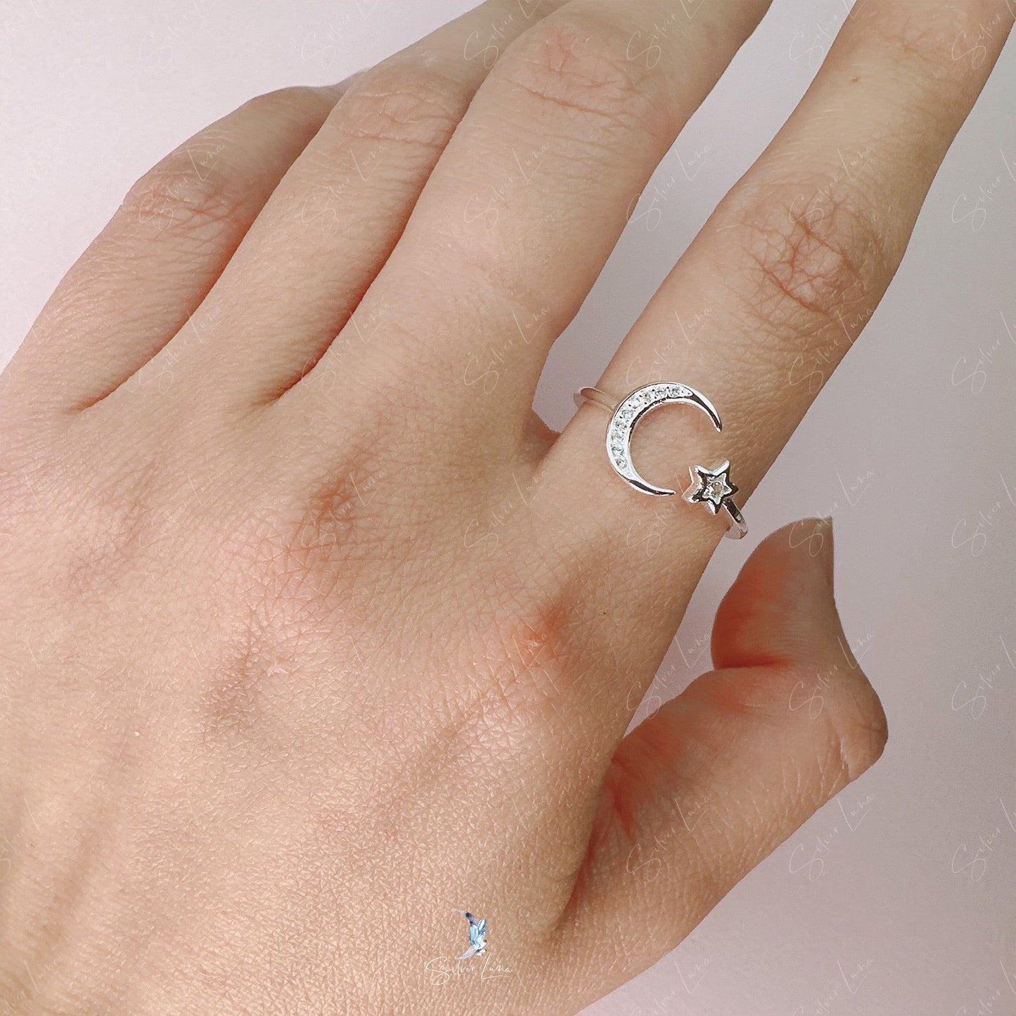 Crescent Moon And Star Adjustable Ring